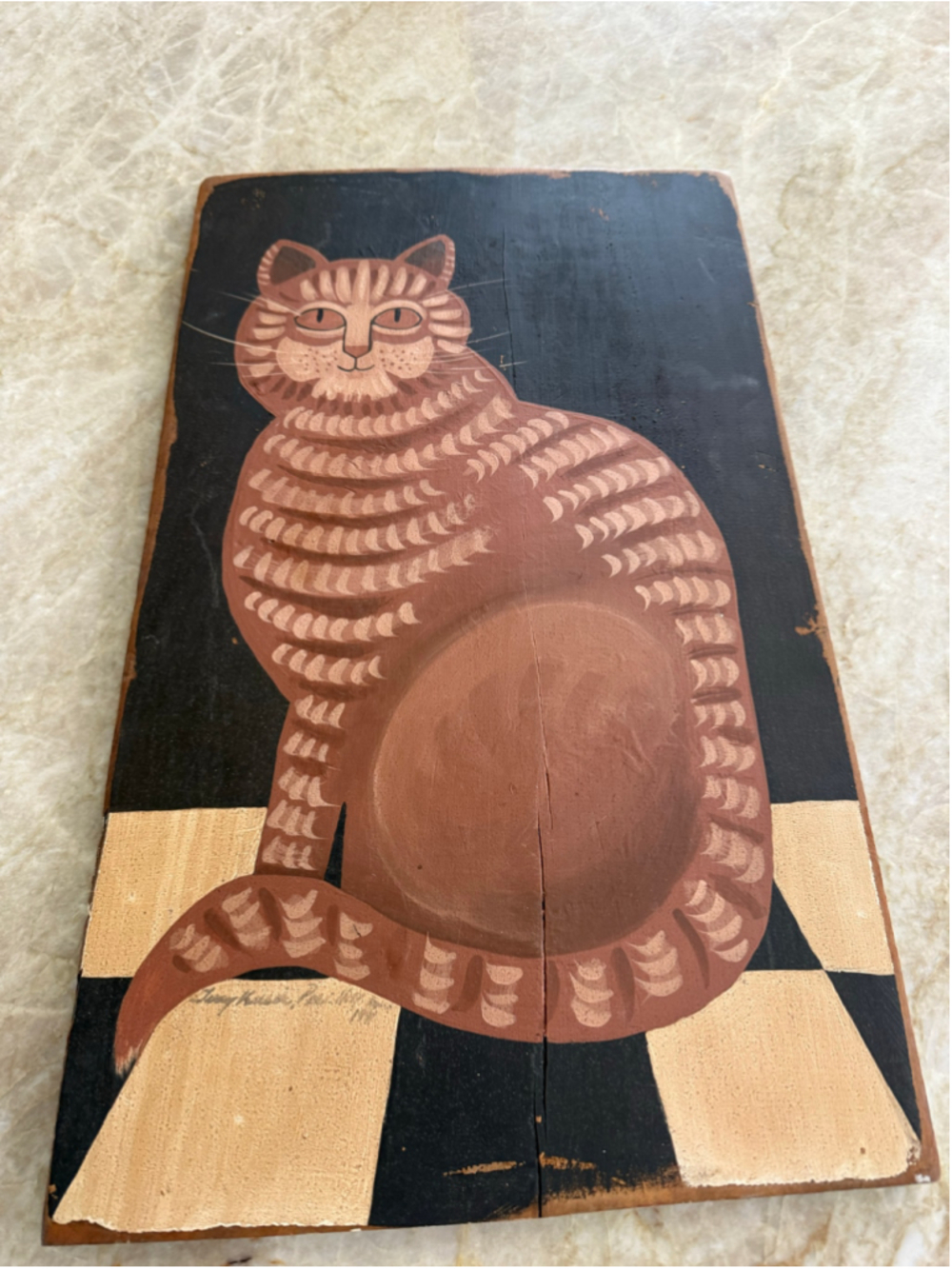 Signed Folk Art Cat Painting on Wood One Size Black Brown, checkered